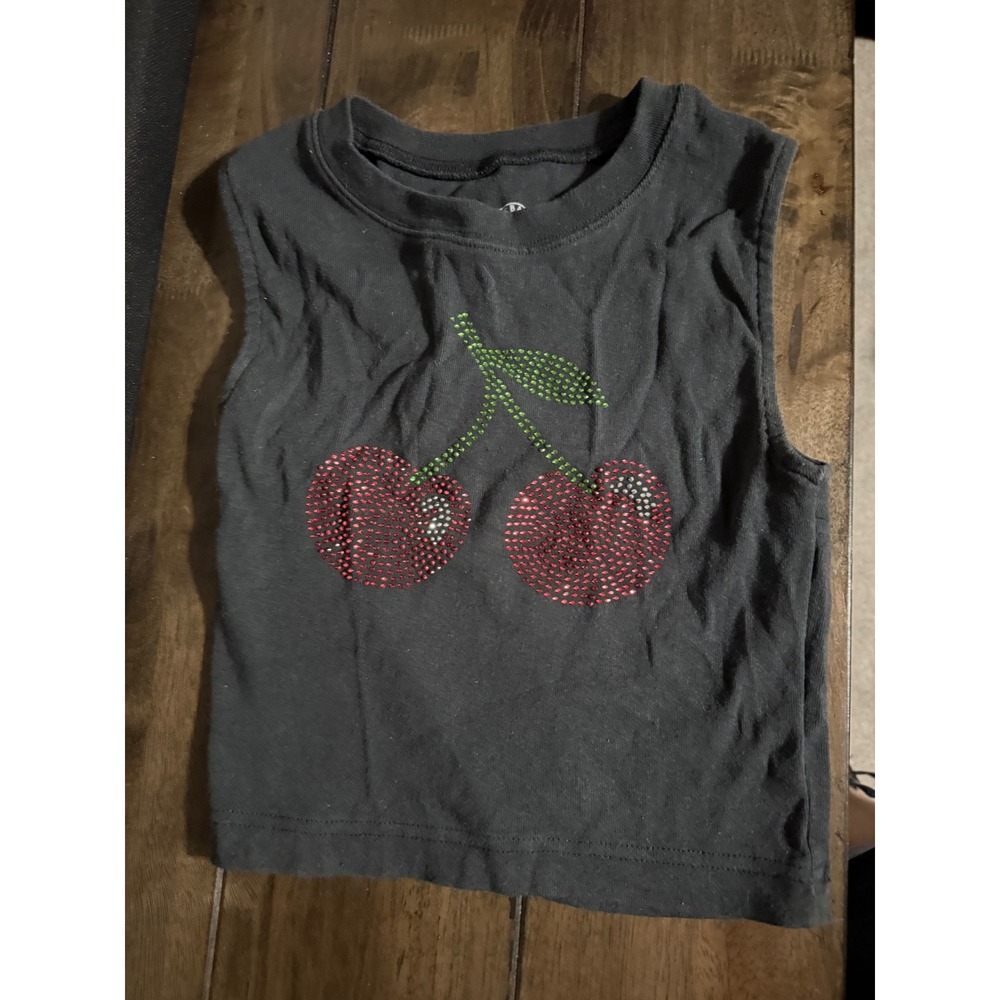 Urban Outfitters Rhinestone Cherry Muscle Tank Top Black Crop Medium OB1927678